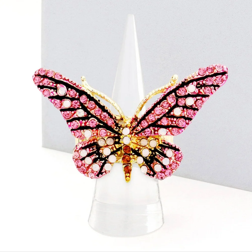Pink Gold Butterfly Ring Rhinestones Crystal Cute Finger Statement Accessory